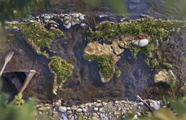 World map installation representing cross-border connections