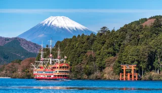 Mount Fuji above Lake Ashi and the Hakone sightseeing ship