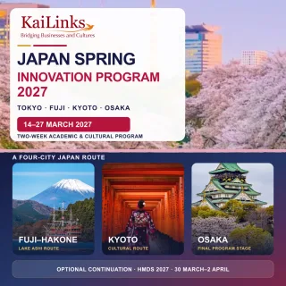 Japan Spring Innovation Program 2027 flyer featuring Tokyo, Lake Ashi in Hakone, Kyoto, and Osaka